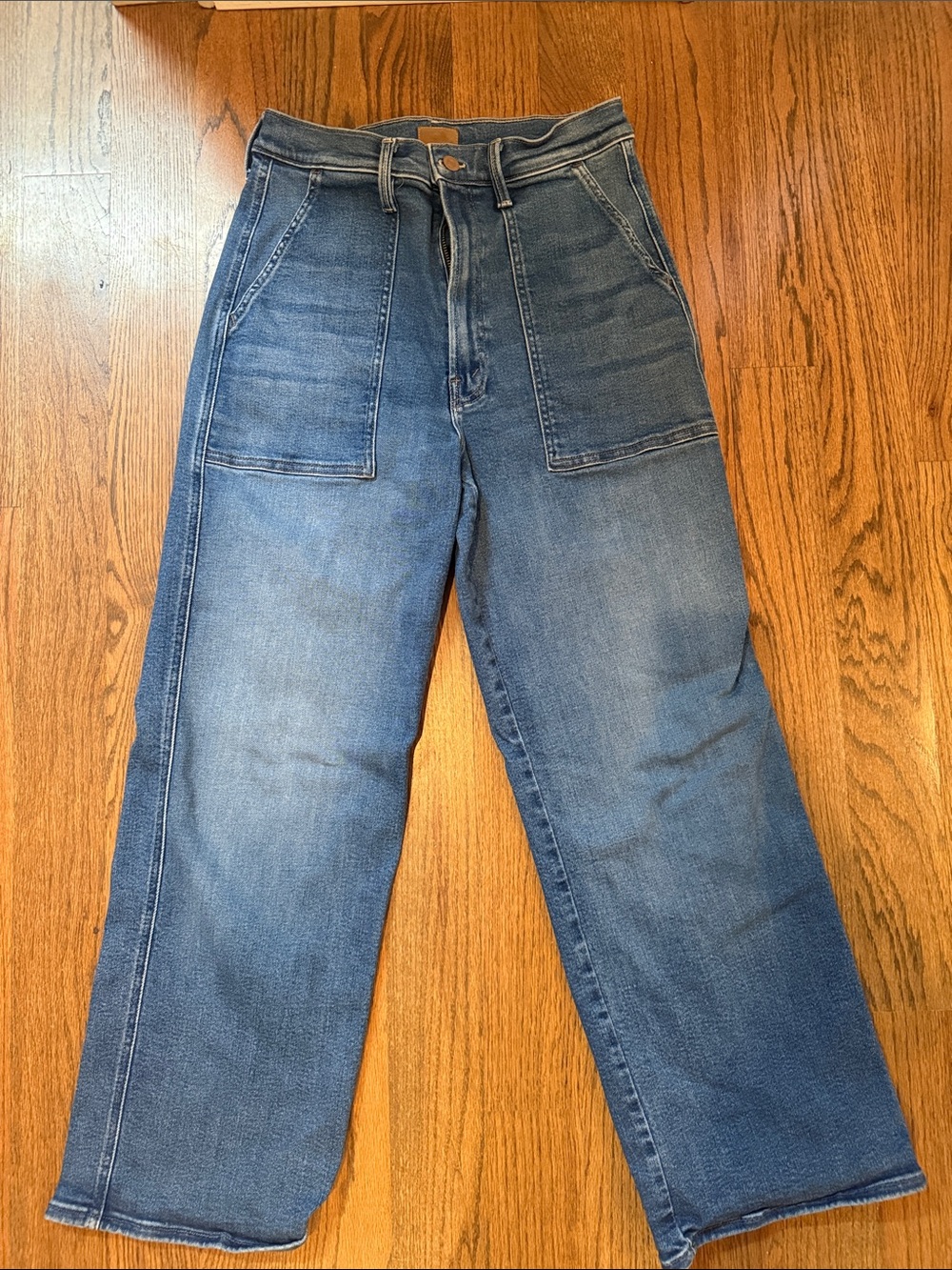 MOTHER Blue Wide-Leg Flare Jeans with Front Patch Pockets
